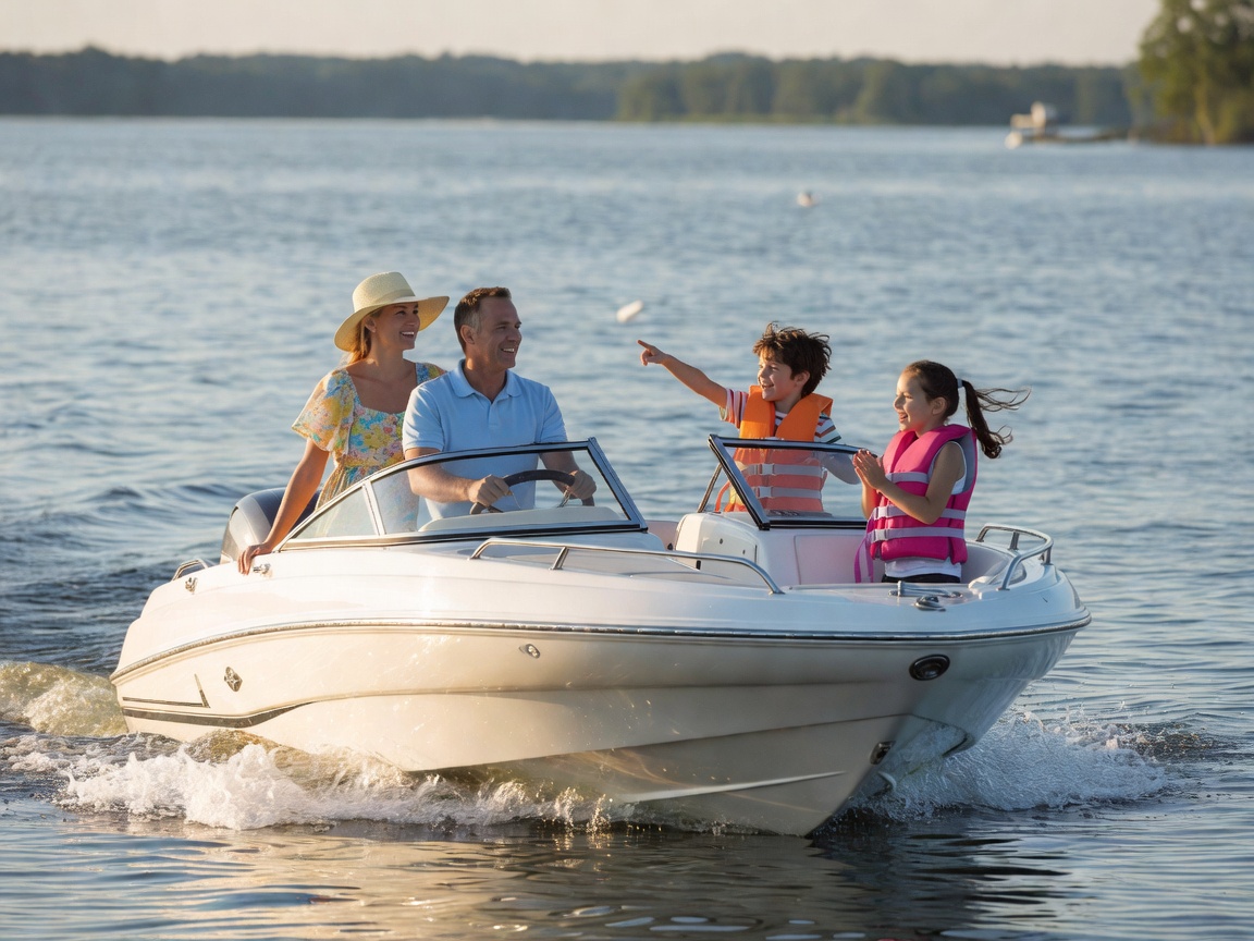 Family bowrider motorboat cruising