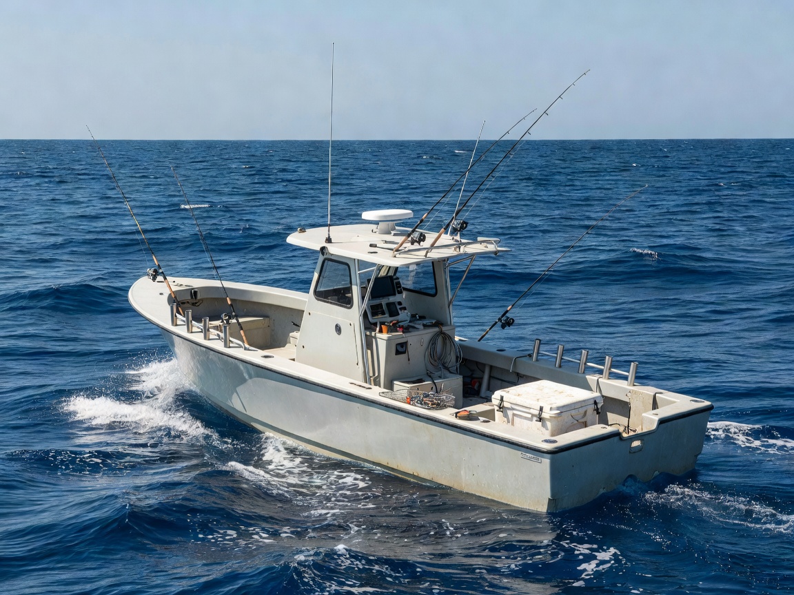 Fishing boat equipped with rod holders for offshore fishing
