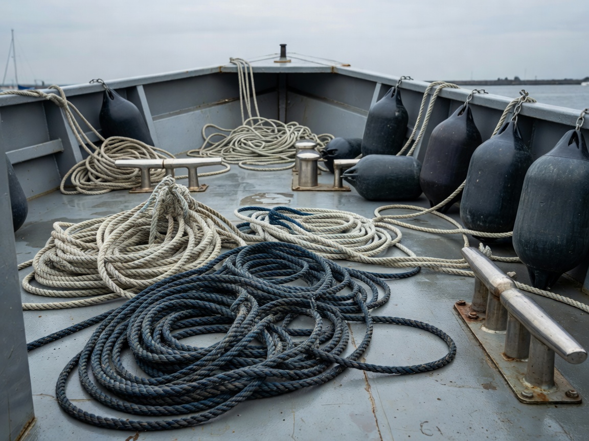 Coiled marine mooring lines and deck hardware
