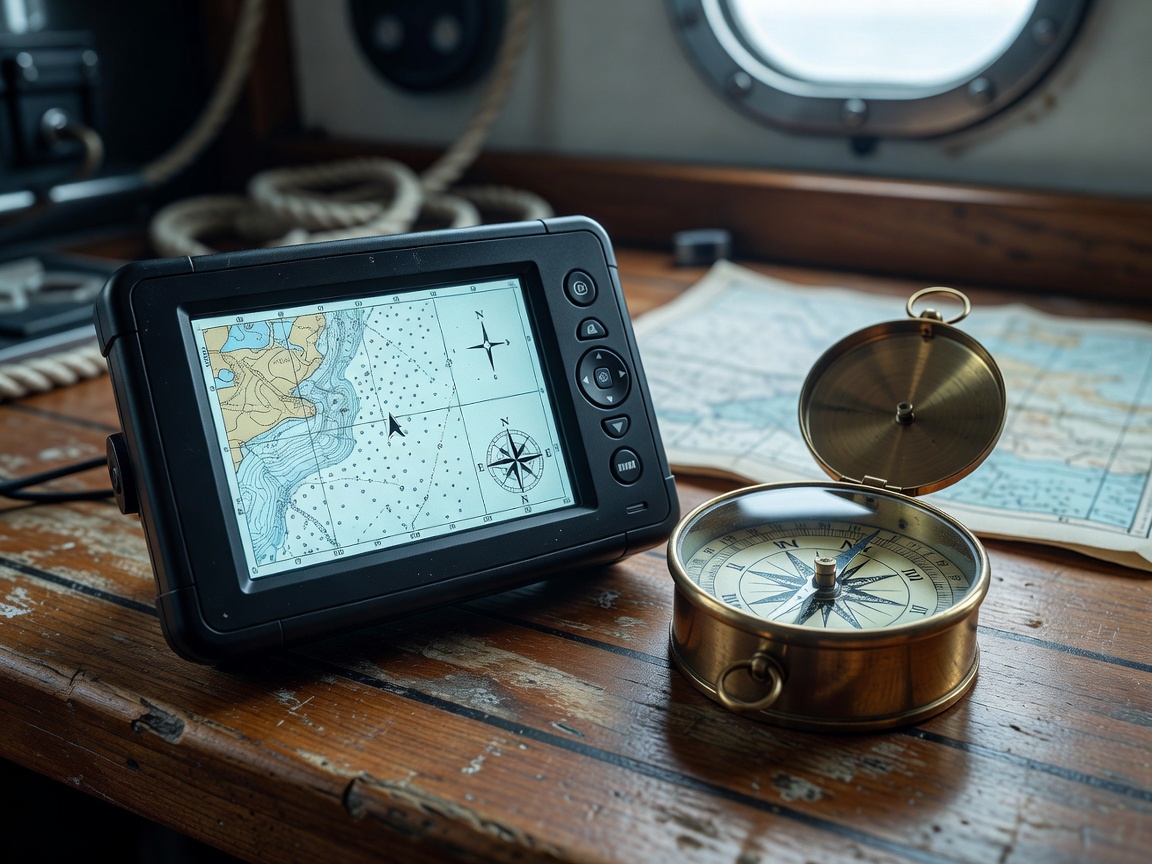 Marine GPS unit and traditional navigation compass