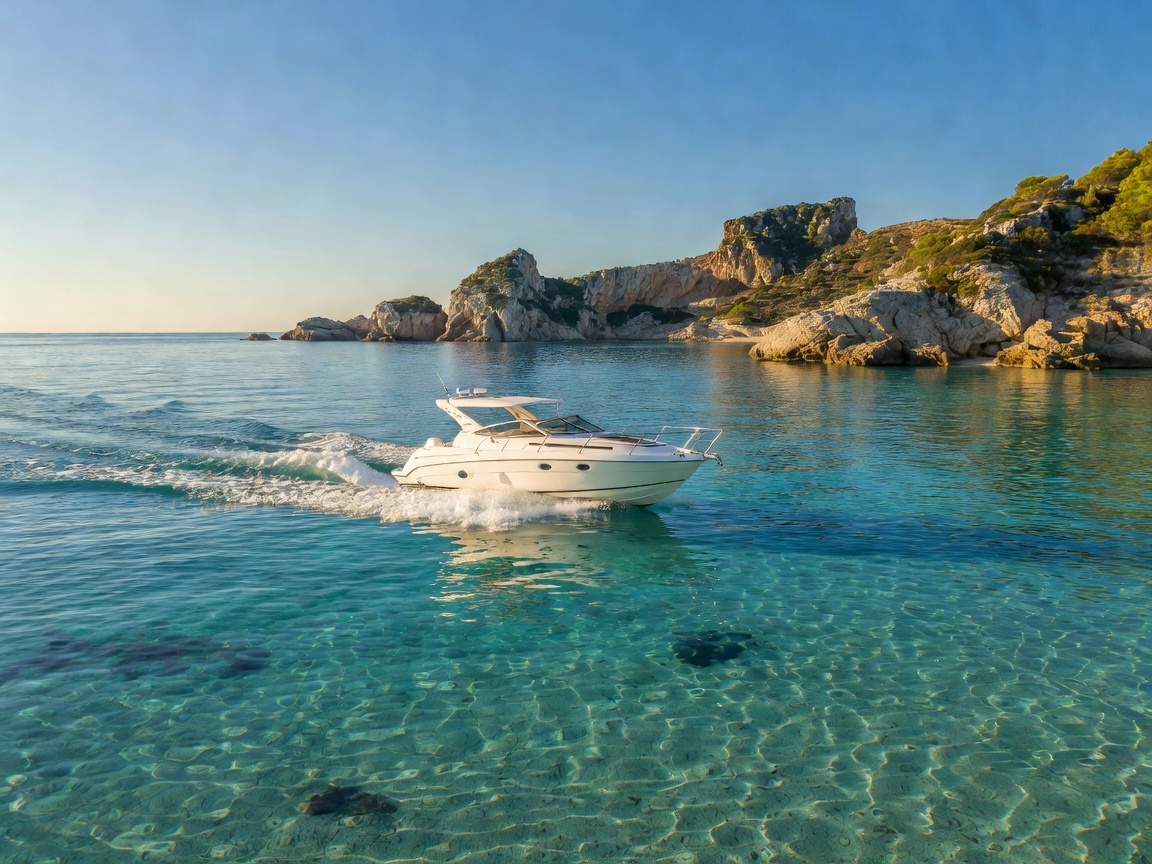 Motorboat cruising on clear coastal water
