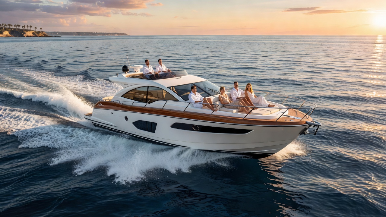 Premium recreational motorboat cruising on the water