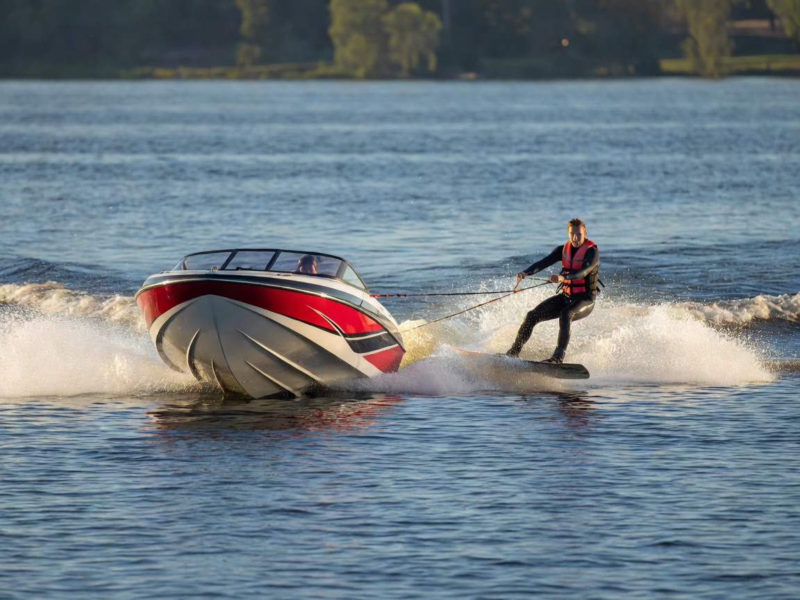 Watersport boat towing a wakeboarder