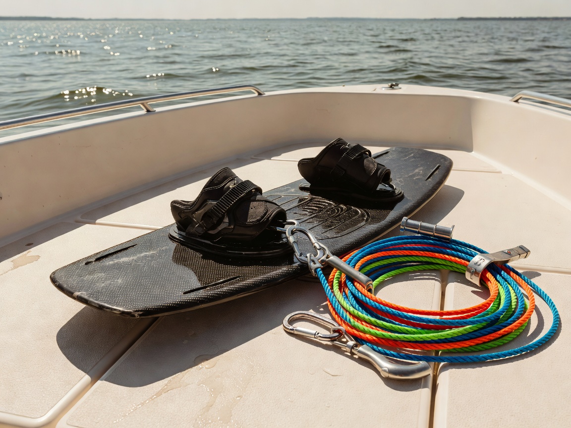 Wakeboard and tow ropes on a boat deck